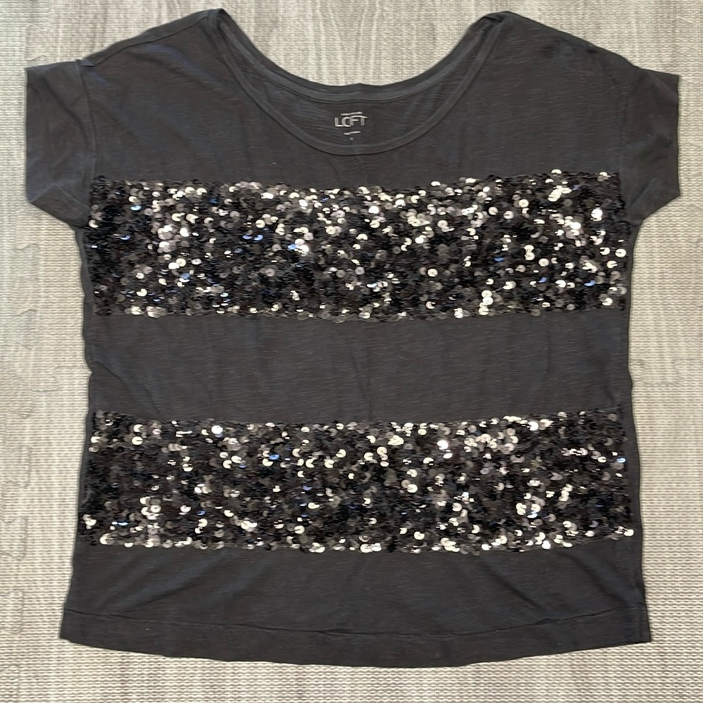 LOFT Black Short Sleeve Tee with Striped Sequin Details - Women’s Size S